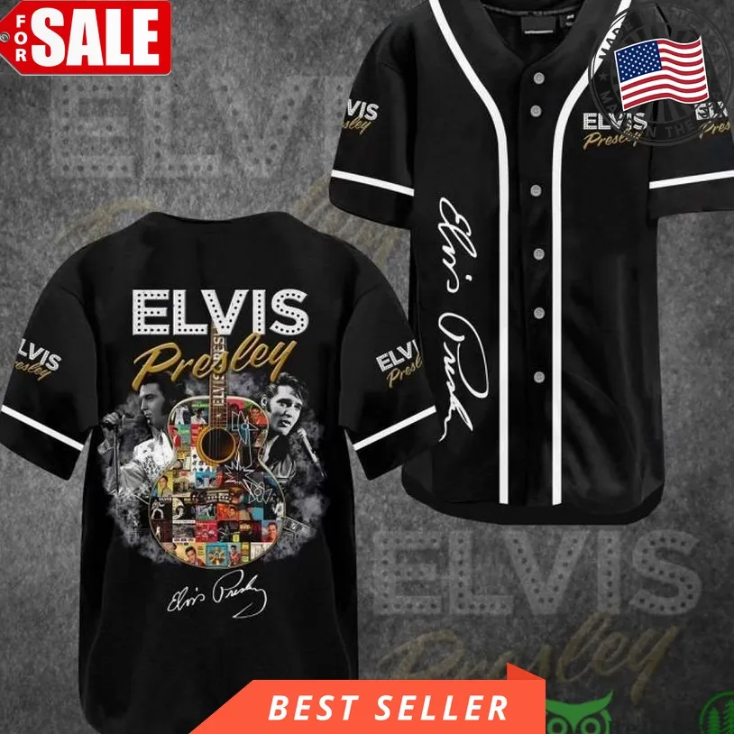 Elvis Presley Guitar Filled With Images Black Baseball Jersey Shirt