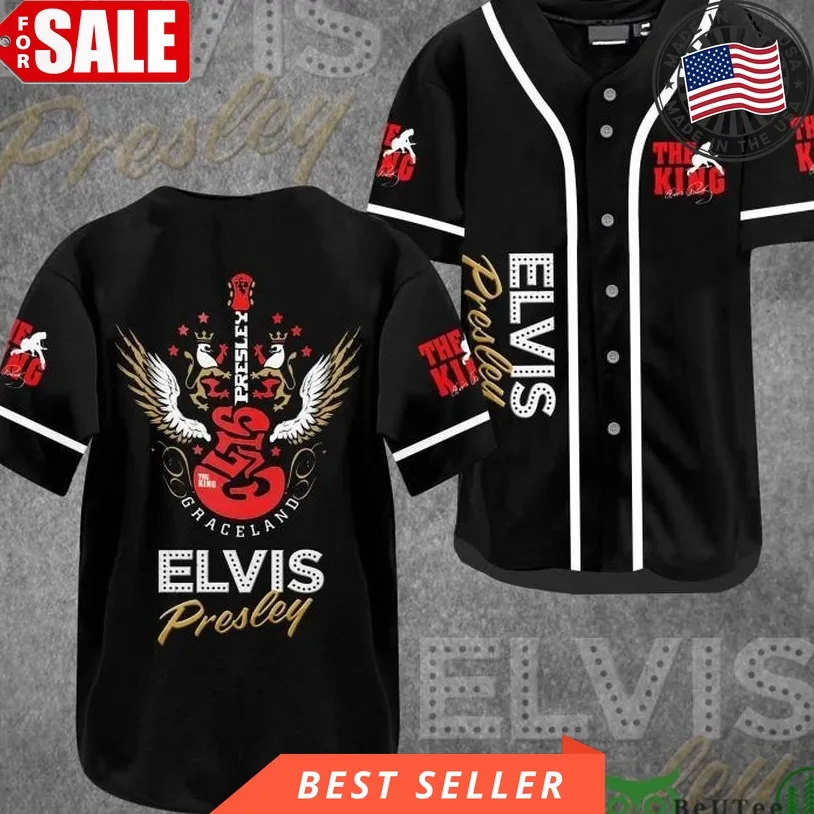 Elvis Presley Red Guitar Black Baseball Jersey Shirt