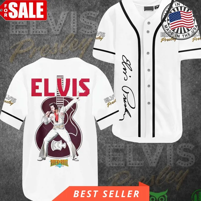 Elvis Presley Rock N Roll Guitar White Baseball Jersey Shirt