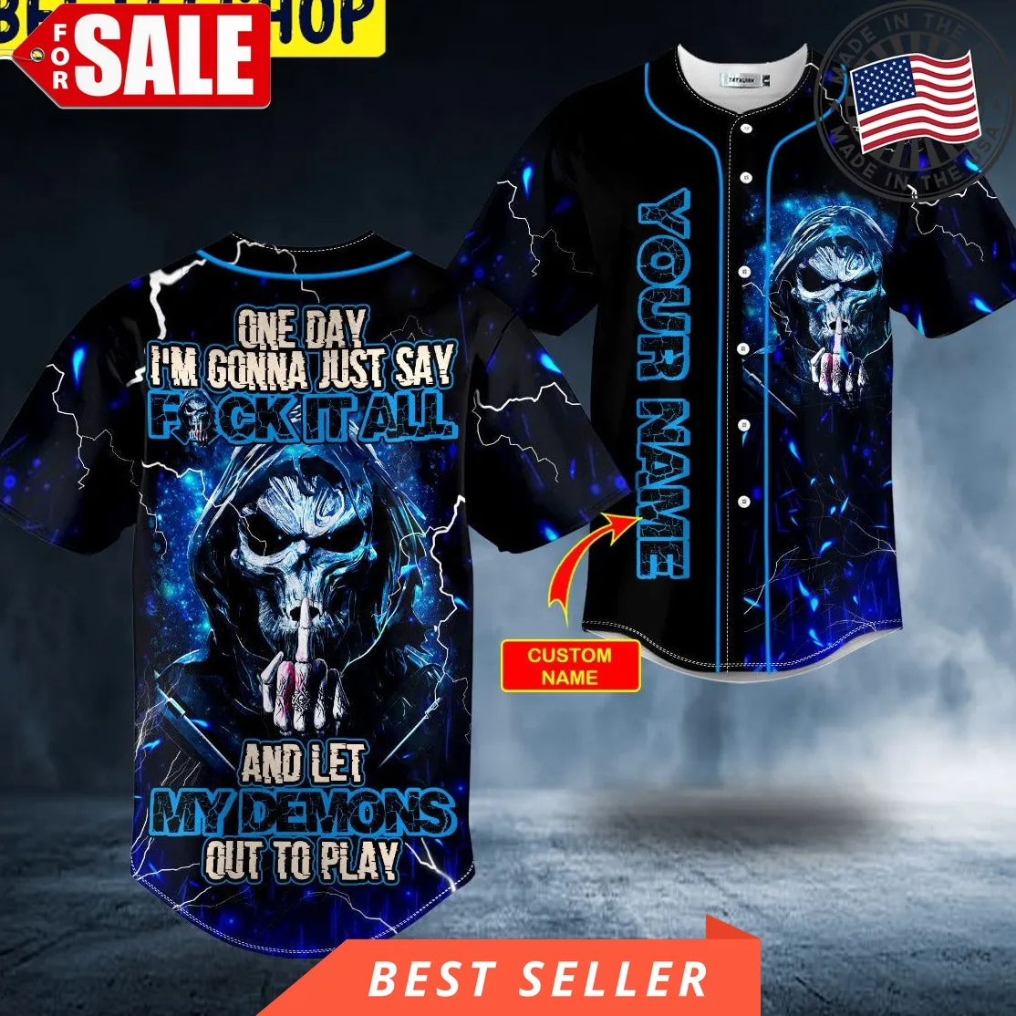 F It All Middle Finger Grim Reaper Blue Lightning Skull Custom Trending Baseball Jersey