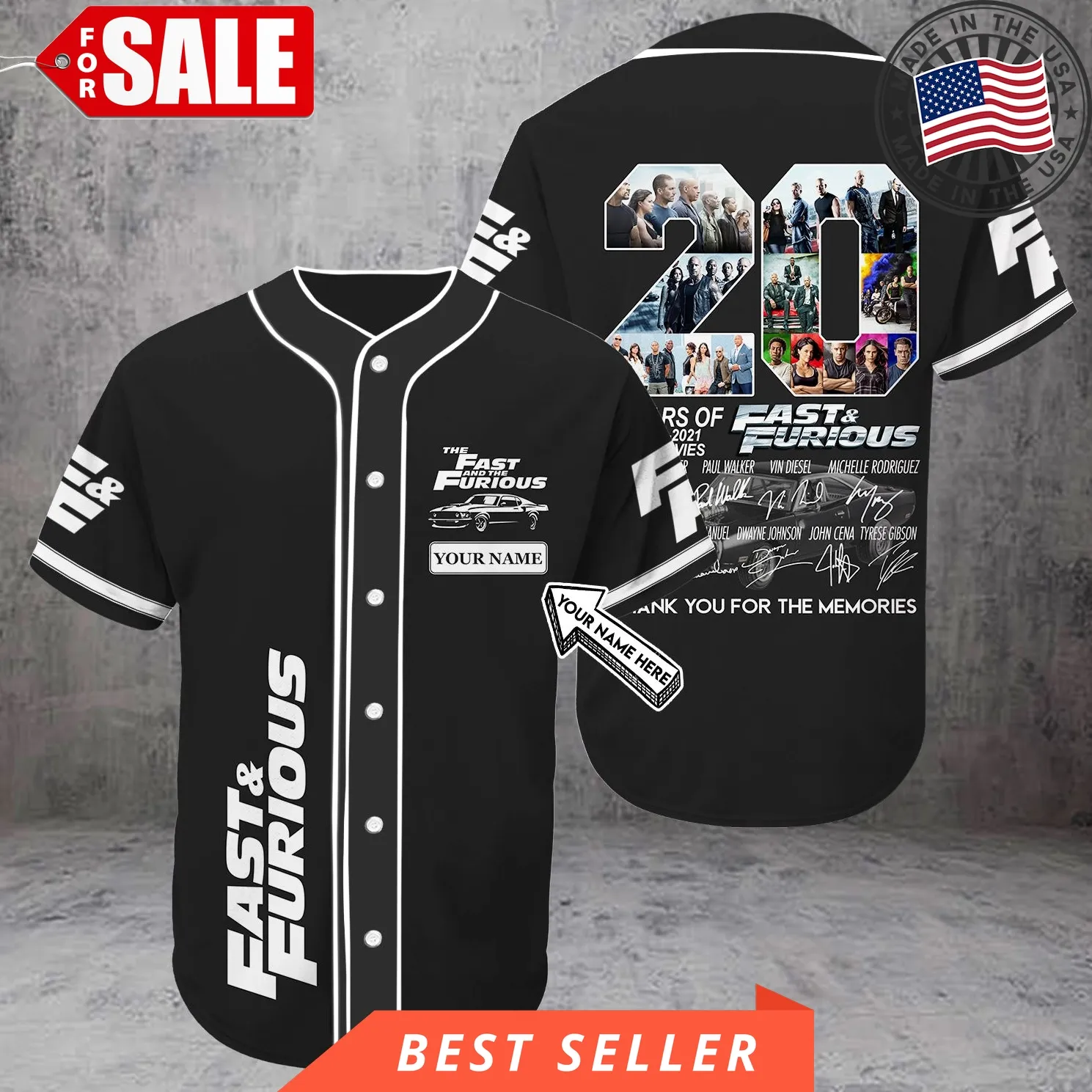 Film Fast And Furious 20Years Black Baseball Tee Jersey Shirt Personalized Custom Name Unisex Men Women