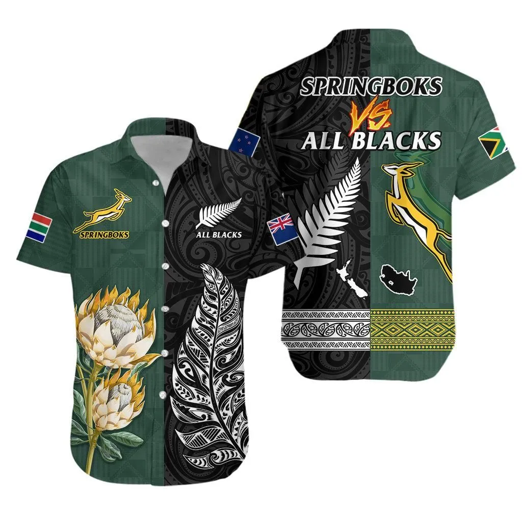 South Africa Protea And New Zealand Fern Hawaiian Shirt Rugby Go Springboks Vs All Black Lt13_0