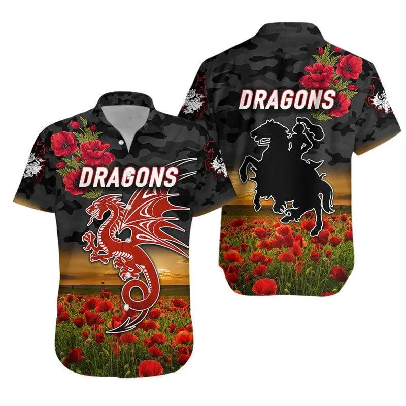 St George Illawarra Dragons Anzac 2022 Hawaiian Shirt Poppy Flowers Vibes   Black Lt8_1
