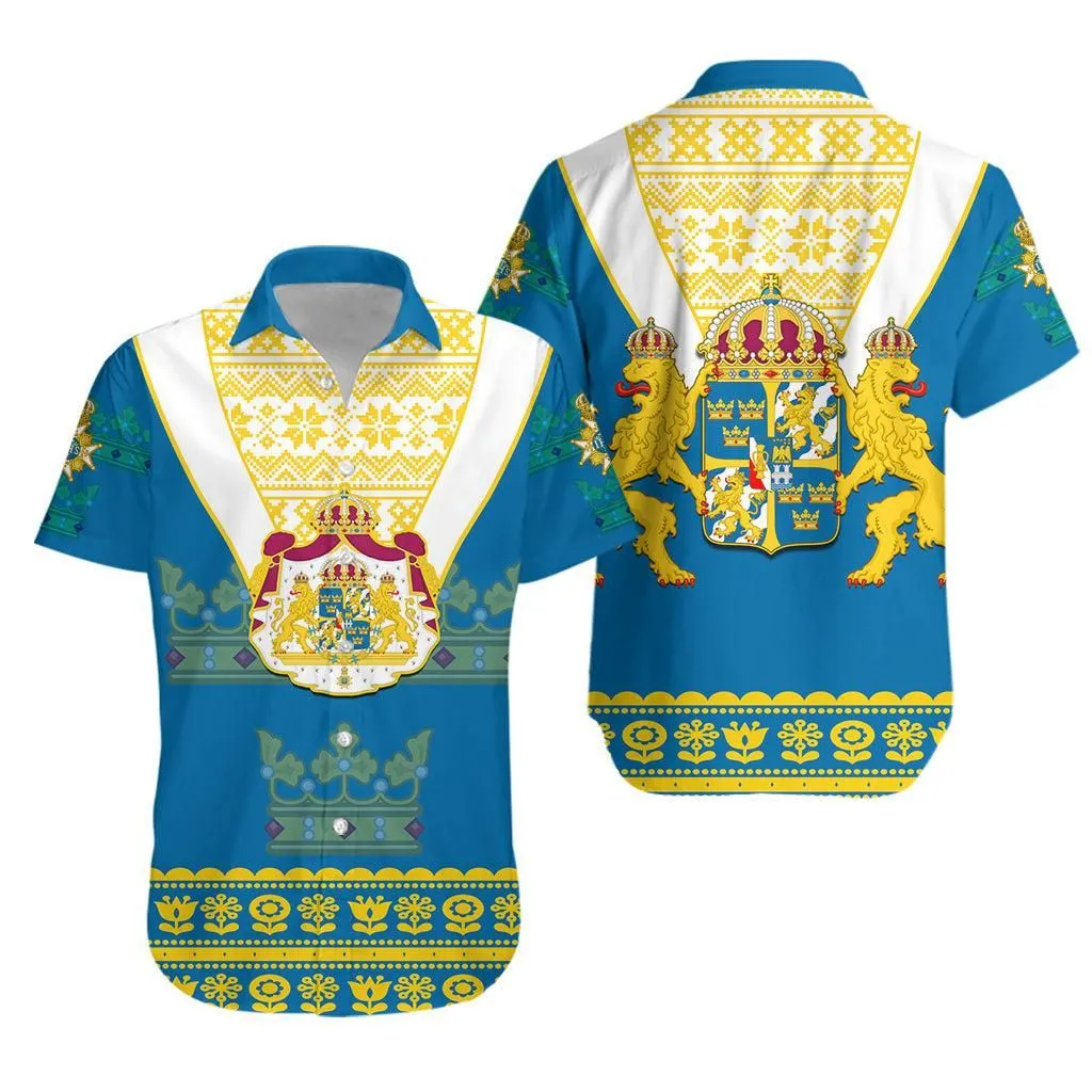 Sweden Hawaiian Shirt Swedish Coat Of Arms With Scandinavian Flowers Lt14_0