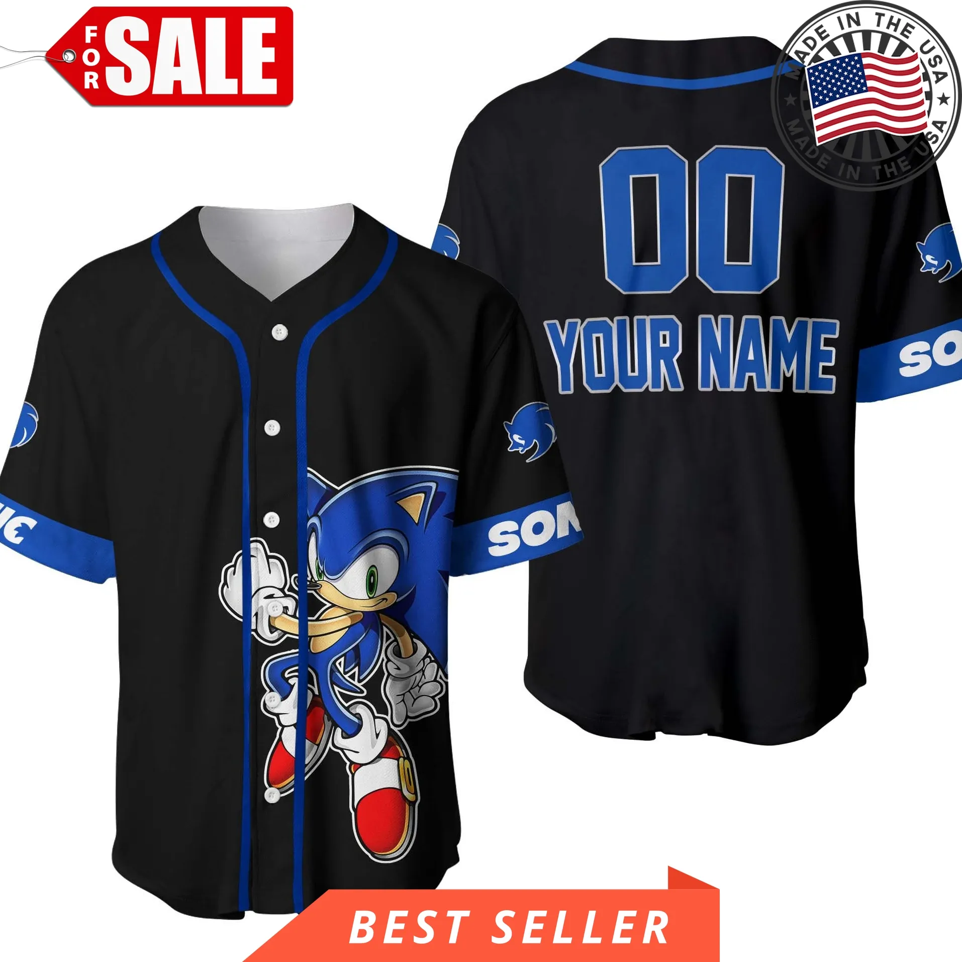 Giant Sonic Hedgehog Black Blue Disney Cartoon Design Custom Personalized Baseball Jersey