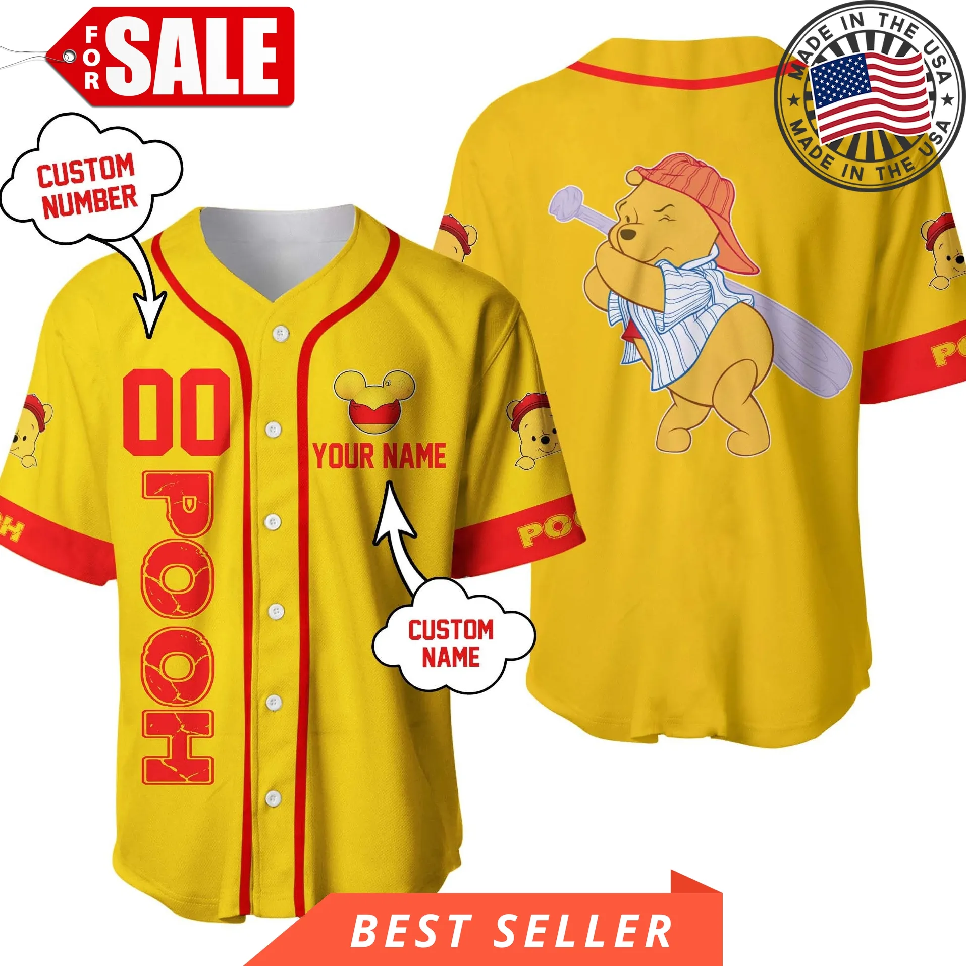 Gold Yellow Red Disney Cartoon Design Custom Winnie Pooh Personalized Baseball Jersey