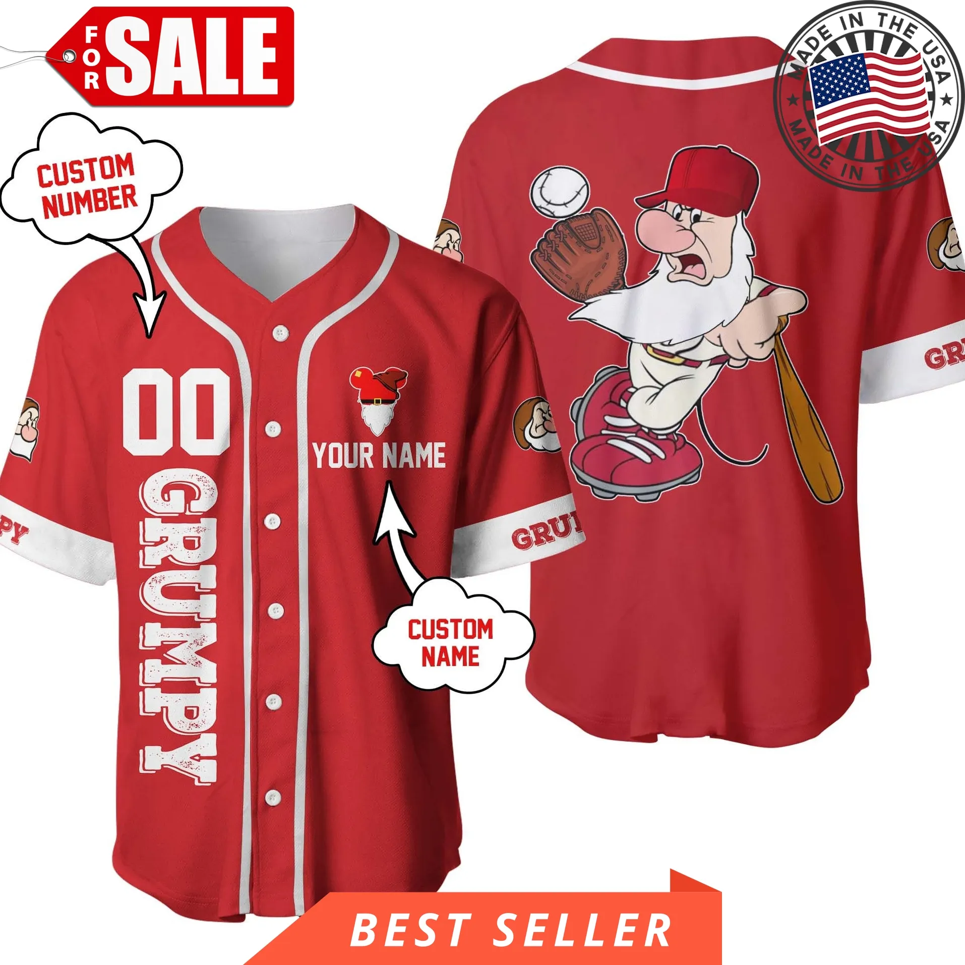 Grumpy Dwarf Custom Name  Number Disney Personalized Unisex Cartoon Custom Baseball Jersey