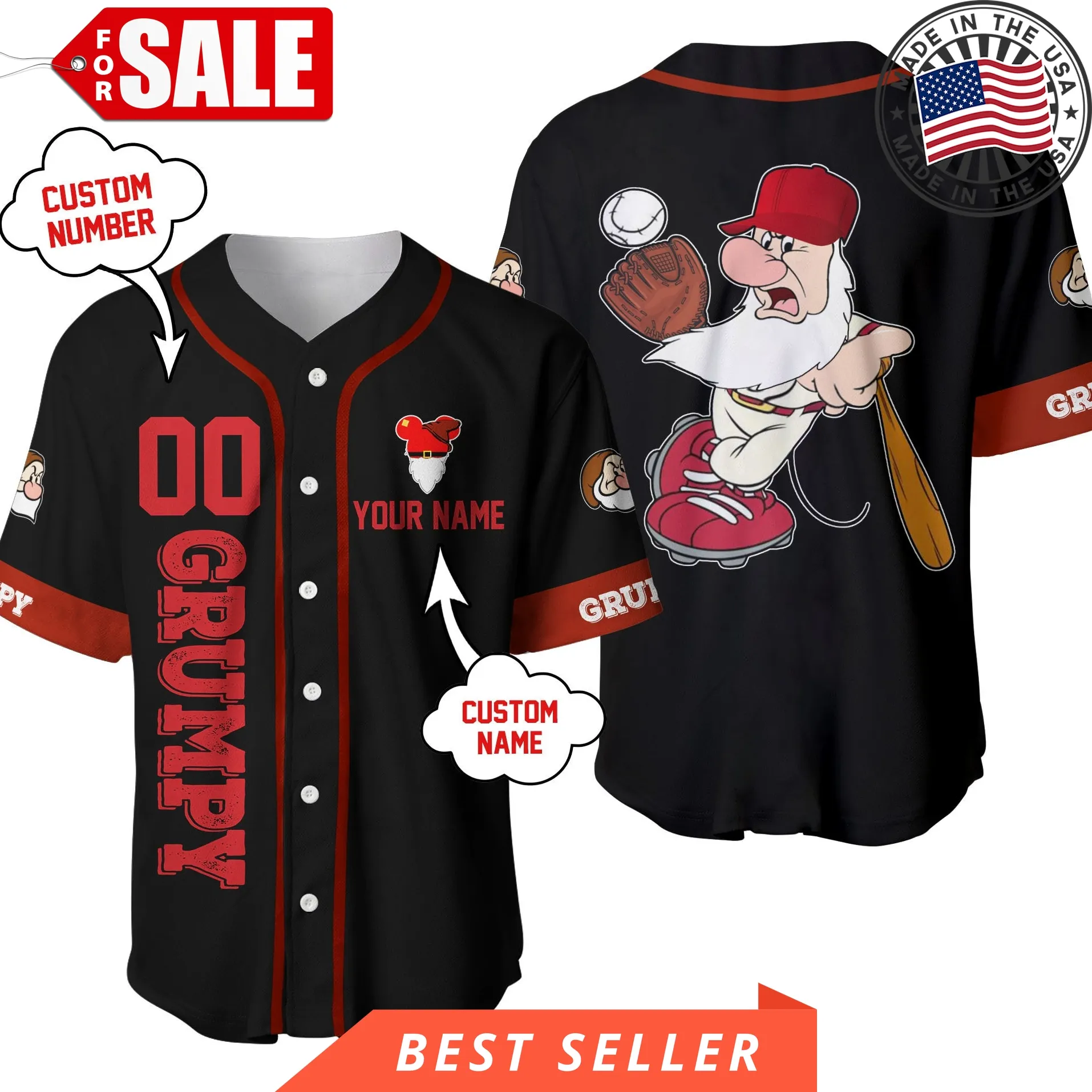 Grumpy Dwarf Red Black Disney Cartoon Design Custom Personalized Baseball Jersey