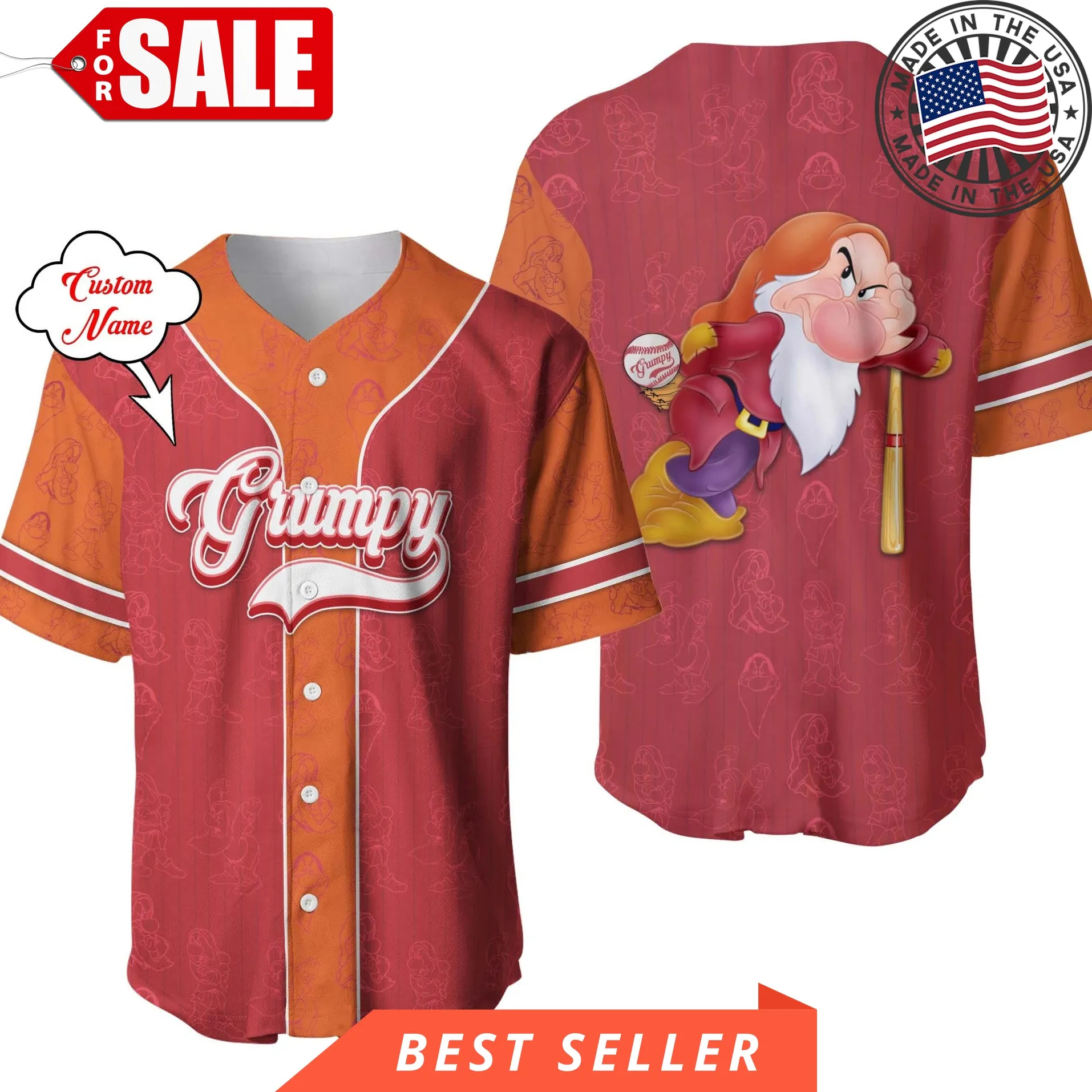 Grumpy Dwarf Red Orange Patterns Disney Cartoon Design Custom Personalized Baseball Jersey