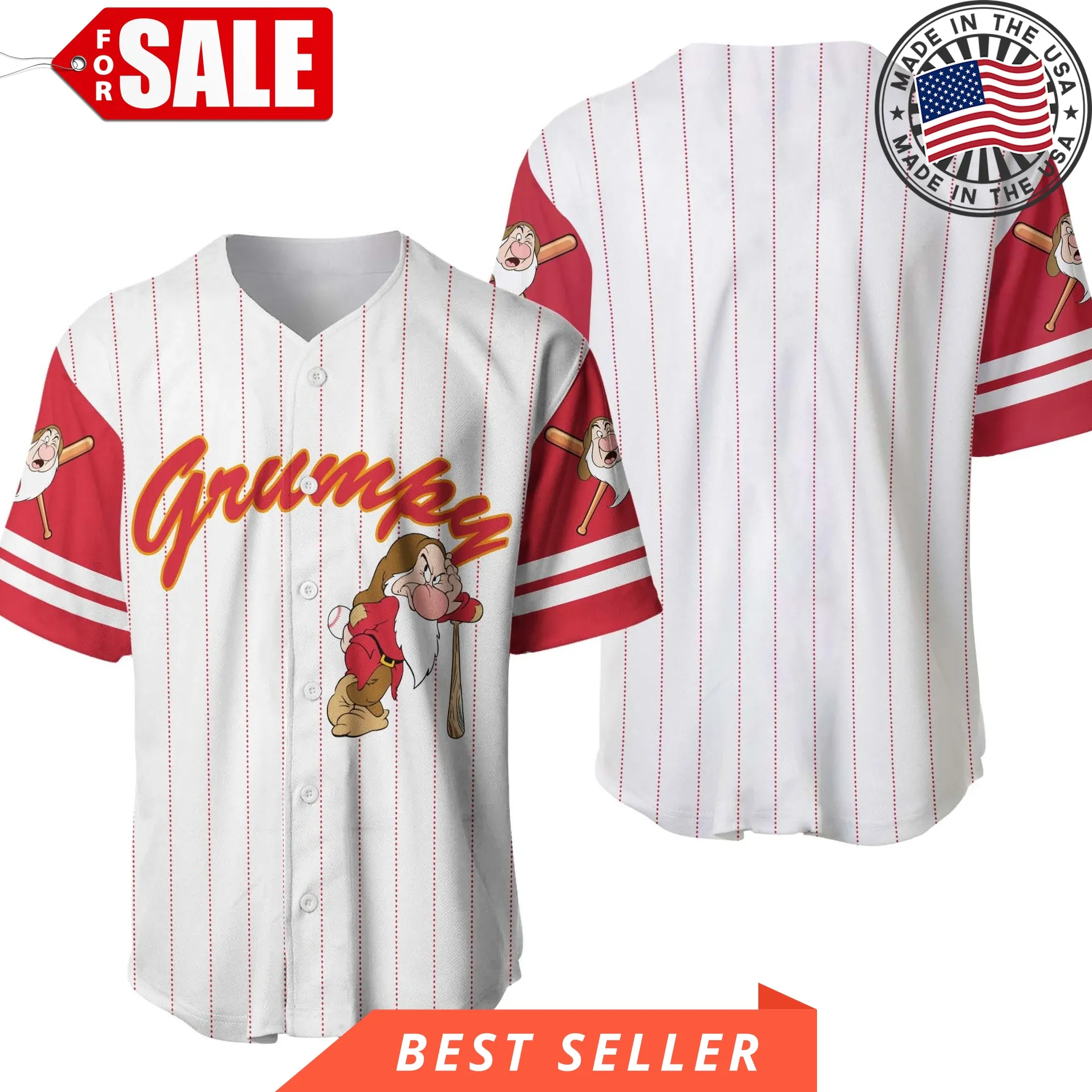 Grumpy Dwarf White Red Disney Cartoon Design Custom Personalized Baseball Jersey