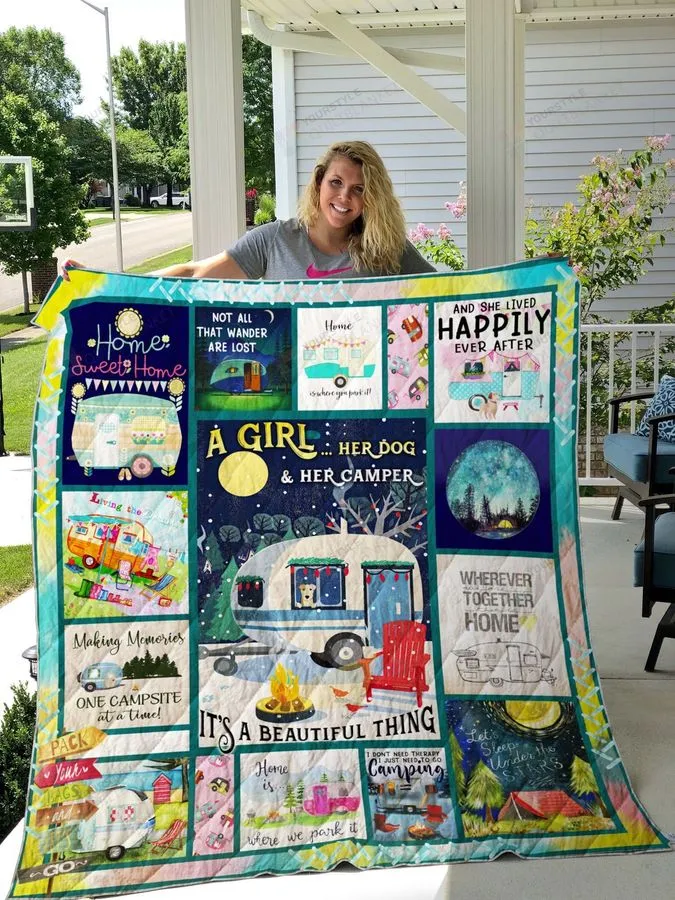 A Girl Her Dog And Her Camper It's Beautiful Thing Quilt Blanket Great Customized Blanket Gifts For Birthday Christmas Thanksgiving