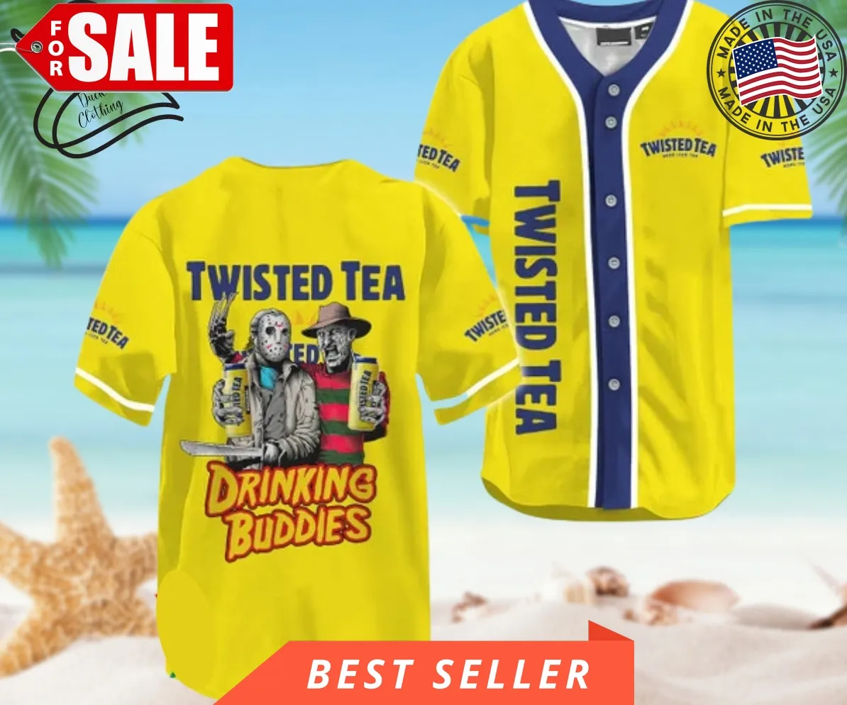 Horror Freddy & Jason Drinking Buddies Twisted Tea Baseball Jersey, Halloween Shirt, Hawaiian Shirt, Cute Halloween Hawaiian Shirt