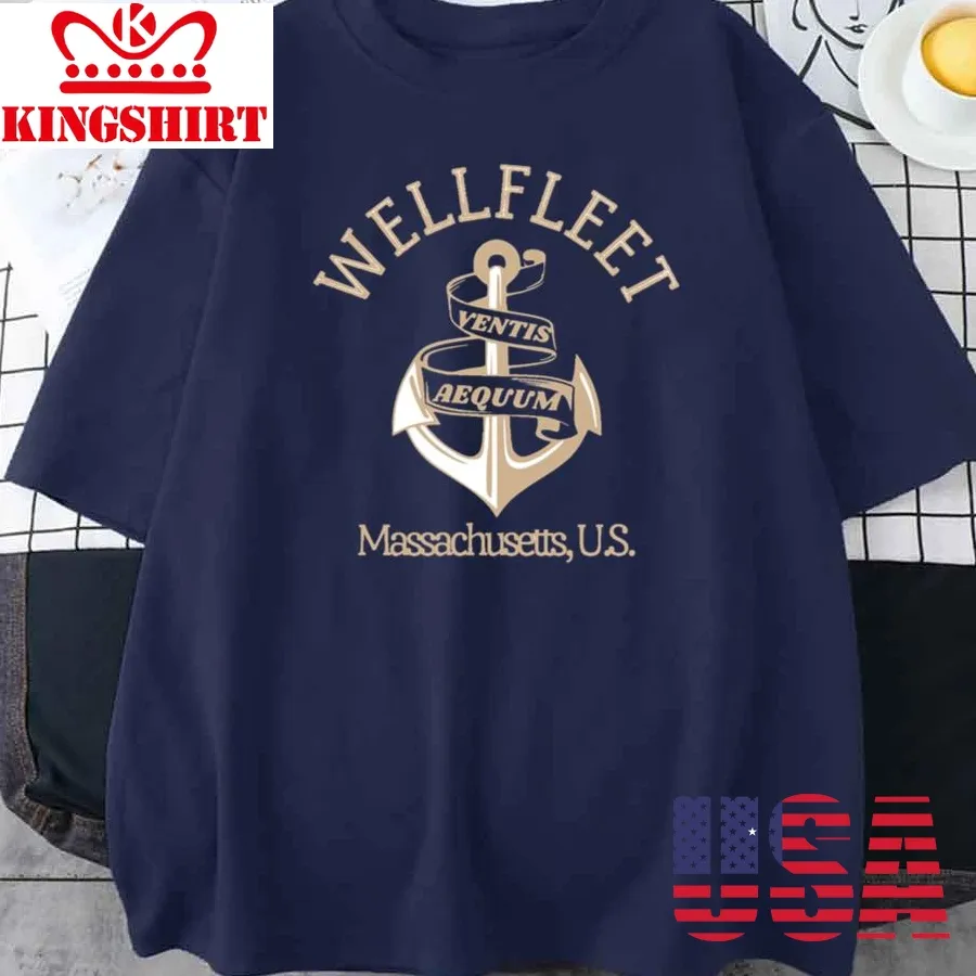 Retro Anchor Wellfleet Massachusetts U S Tan Text Vintage Style Sailing Nautical T Shir Unisex T Shirt