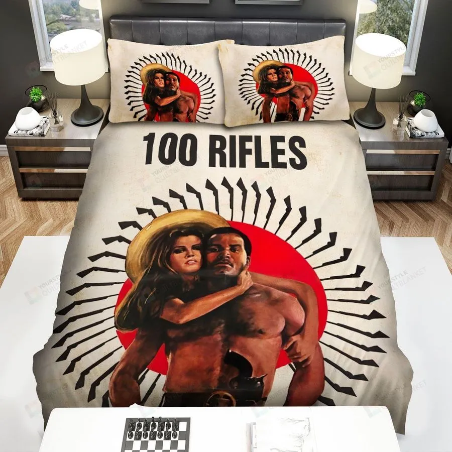 100 Rifles (1969) Gun, Red Circle, Woman And Man  Movie Poster Bed Sheets Spread Comforter Duvet Cover Bedding Sets