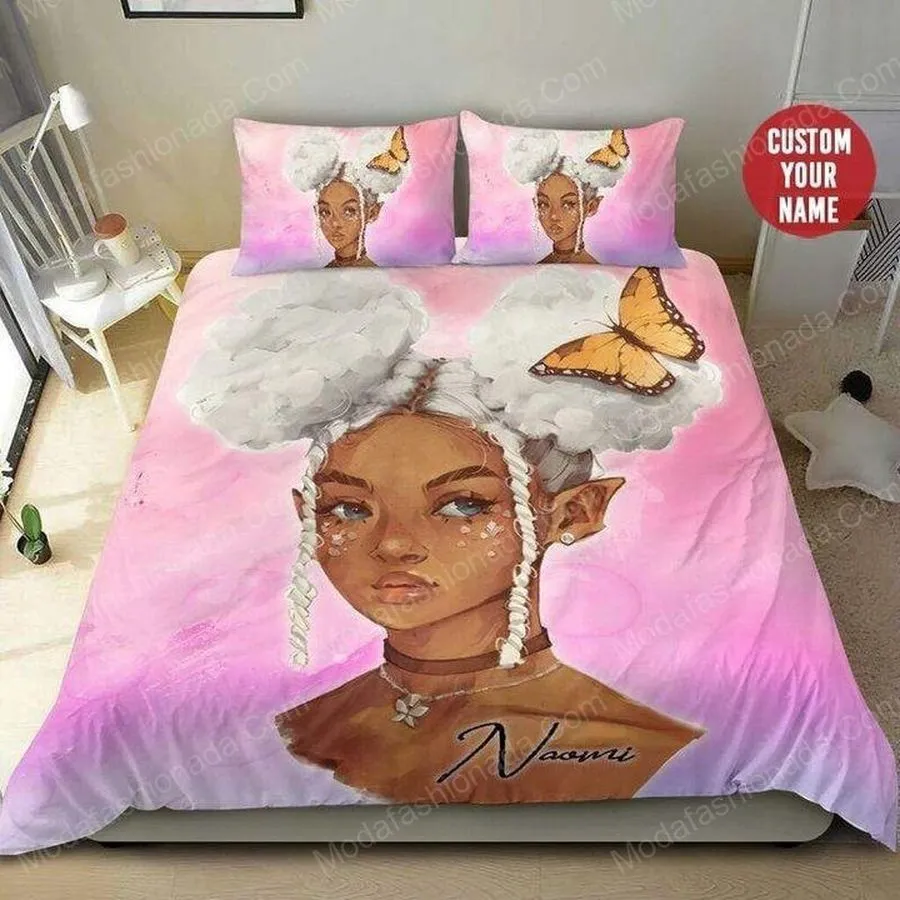 1Black Girl White Hair Butterfly Custom Name 1 Bedding Set  Duvet Cover  3D New Luxury  Twin Full Queen King Size Comforter Cover