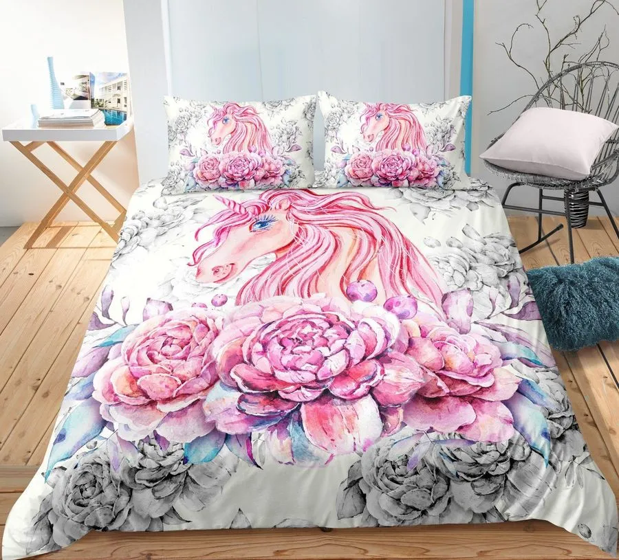 3D Beautiful Unicorn With Flowers Cotton Bed Sheets Spread Comforter Duvet Cover Bedding Sets