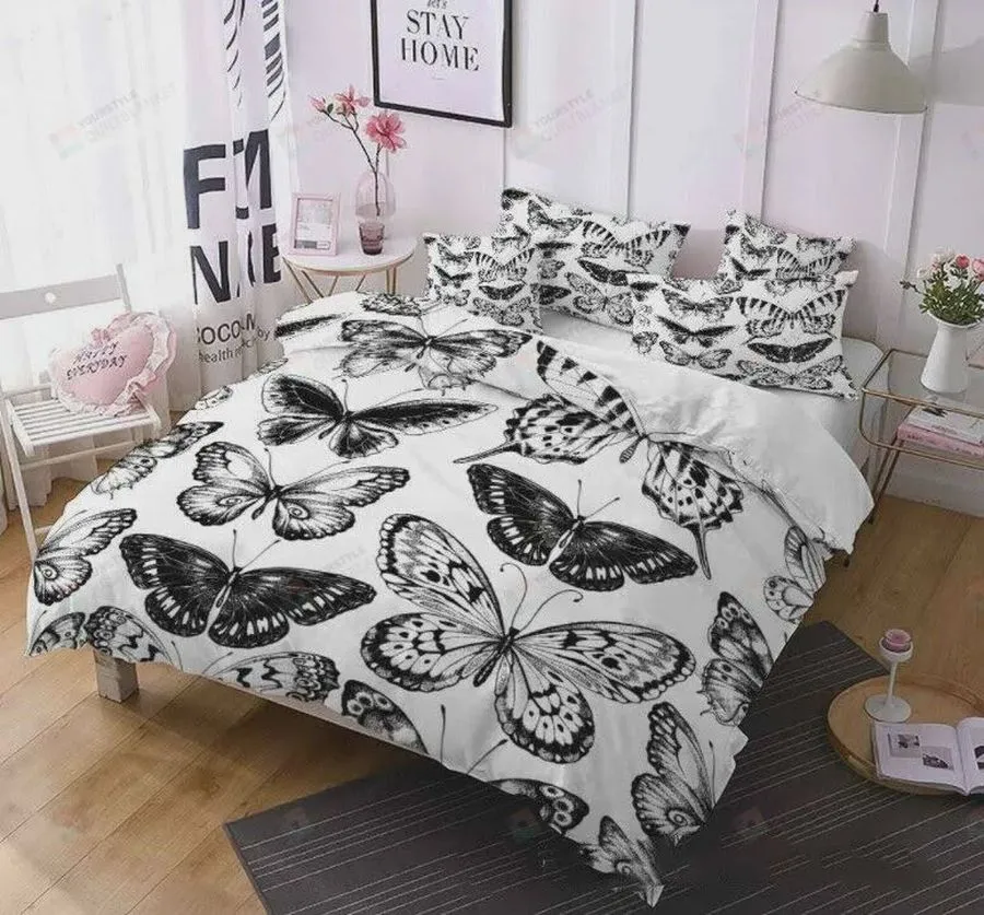 3D Black Butterfly White Cotton Bed Sheets Spread Comforter Duvet Cover Bedding Sets
