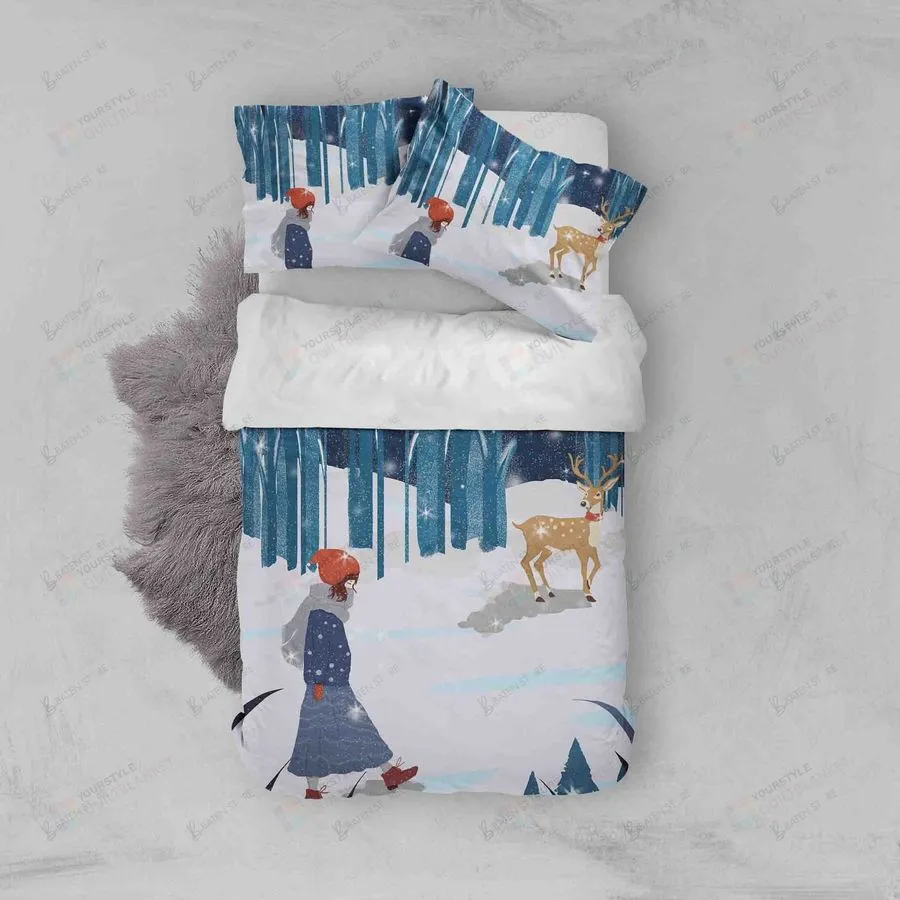 3D Cartoon Forest Elk And Girl Bed Sheets Duvet Cover Bedding Set Great Gifts For Birthday Christmas Thanksgiving