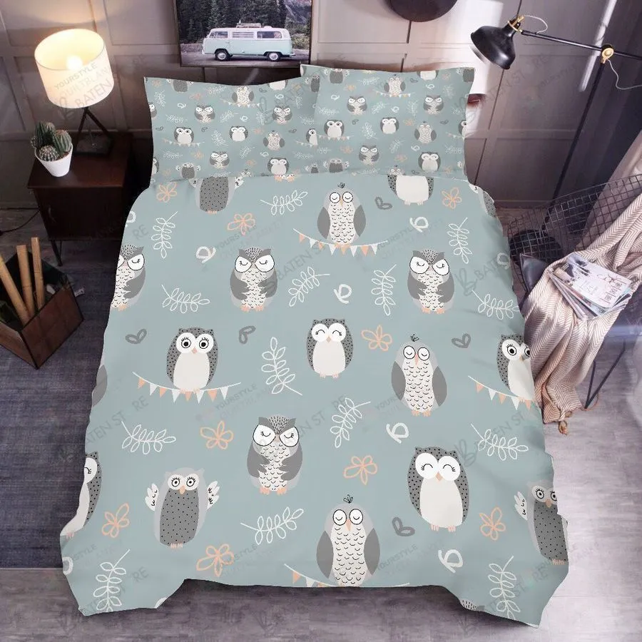 3D Cartoon Owl Floral Leaves Bed Sheets Spread Duvet Cover Bedding Set