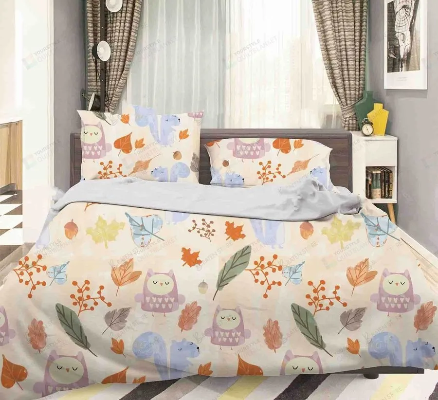 3D Cartoon Owl Leaf Bed Sheets Spread Duvet Cover Bedding Set