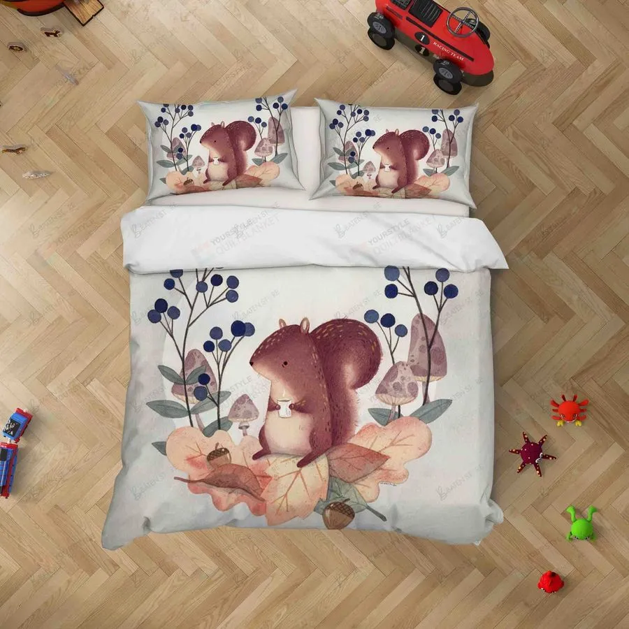 3D Cartoon Squirrel Mushroom Pinecone Leaves Bed Sheets Duvet Cover Bedding Set Great Gifts For Birthday Christmas Thanksgiving