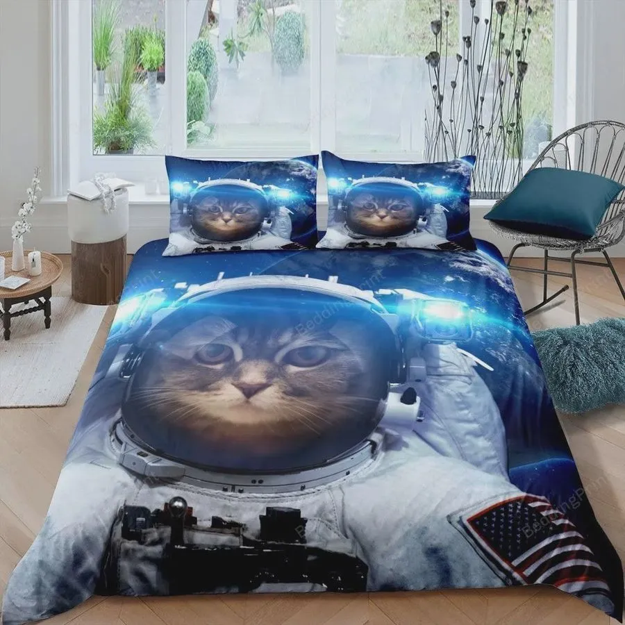 3D Cat Astronaut Galaxy Outer Space Bed Sheets Duvet Cover Bedding Sets