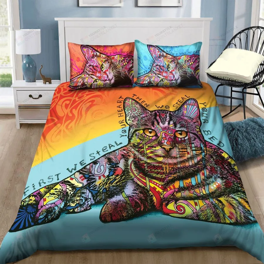 3D Cat First We Steal Your Heart Then We Steal Your Bed Cotton Bed Sheets Spread Comforter Duvet Cover Bedding Sets
