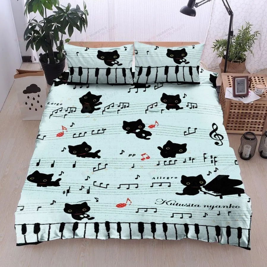 3D Cat Piano Musical Notes Cotton Bed Sheets Spread Comforter Duvet Cover Bedding Sets