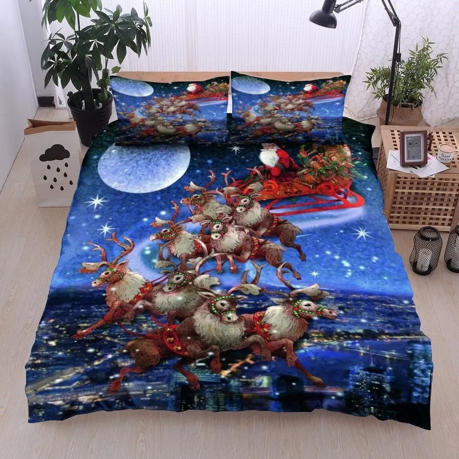 3D Christmas Reindeer With Santa Claus Cotton Bed Sheets Spread Comforter Duvet Cover Bedding Sets