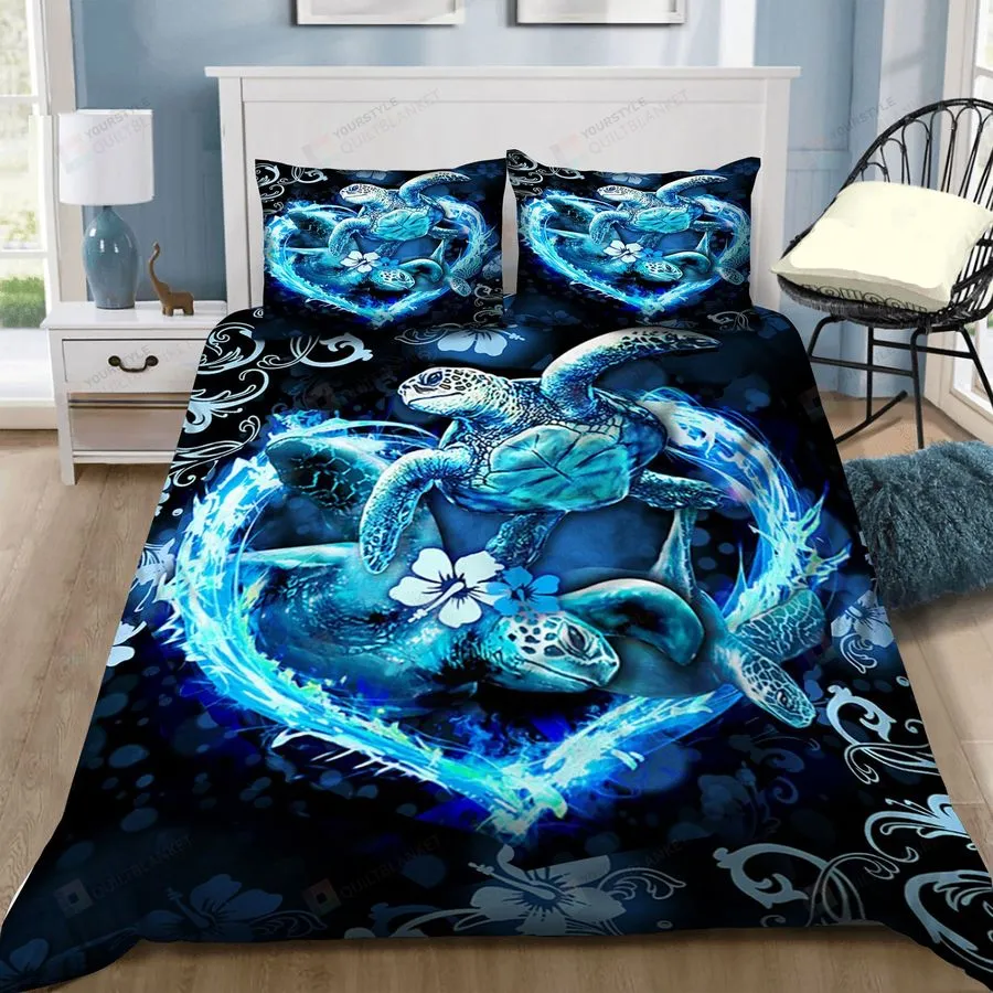 3D Couple Sea Turtle Making Blue Heart Cotton Bed Sheets Spread Comforter Duvet Cover Bedding Sets