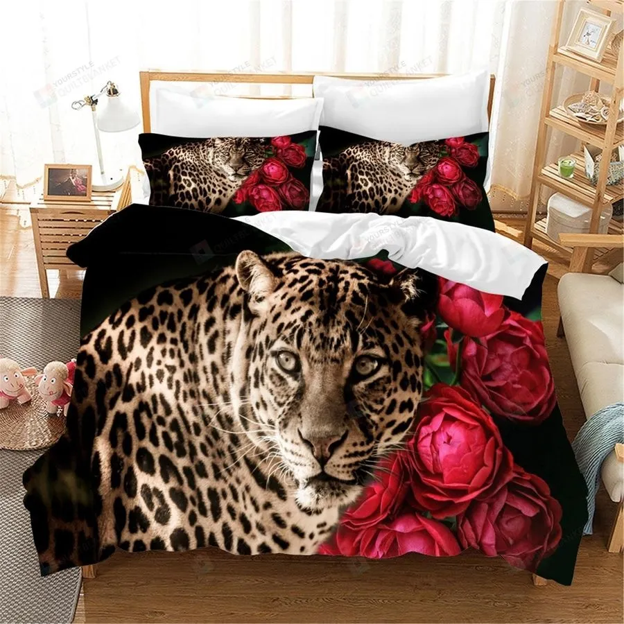 3D Leopard And Rose Cotton Bed Sheets Spread Comforter Duvet Cover Bedding Sets