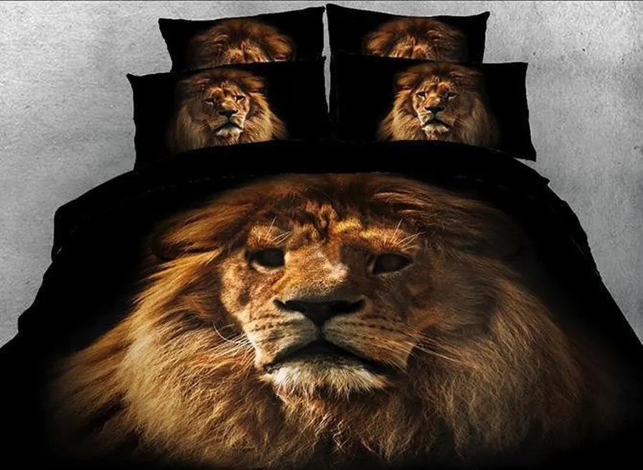 3D Lion Face Printed Cotton Luxury 4 Piece Blacks Duvet Cover Bedding Set