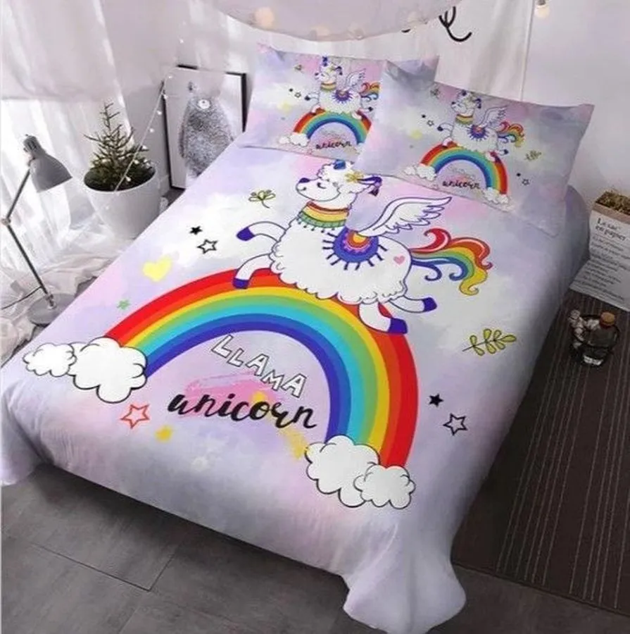 3D Llama Unicorn Run Over The Rainbow Cotton Bed Sheets Spread Comforter Duvet Cover Bedding Sets