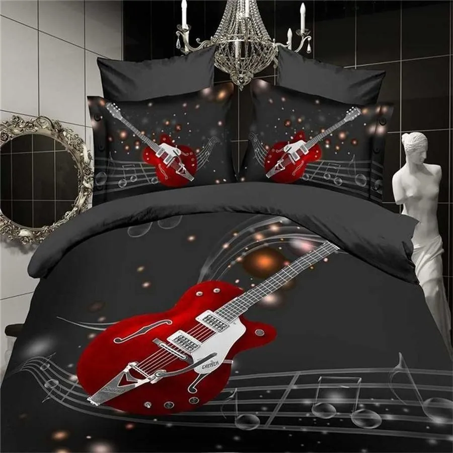 3D Music Notes Blackred Guitar Quilt 3D Customize Bedding Set Duvet Cover Set Bedroom Set Bedlinen