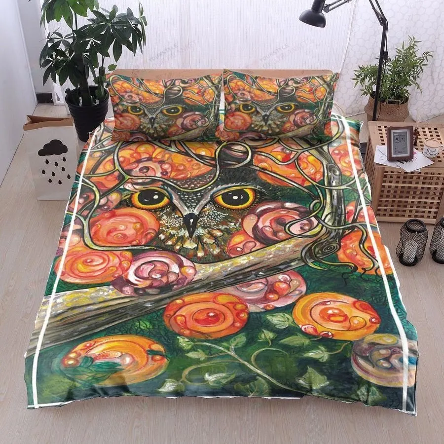 3D Owl In Orange Blossoms Cotton Bed Sheets Spread Comforter Duvet Cover Bedding Sets