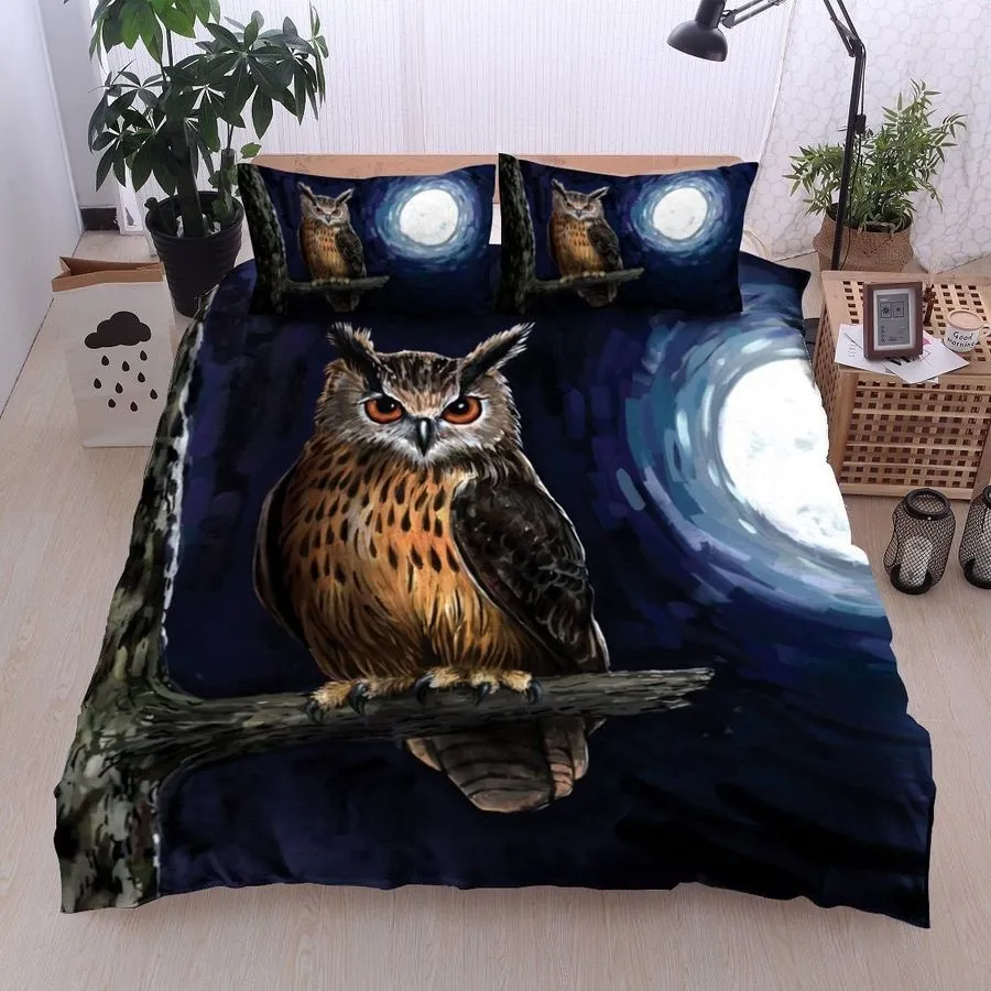 3D Owl On The Tree Branch At Night Cotton Bed Sheets Spread Comforter Duvet Cover Bedding Sets