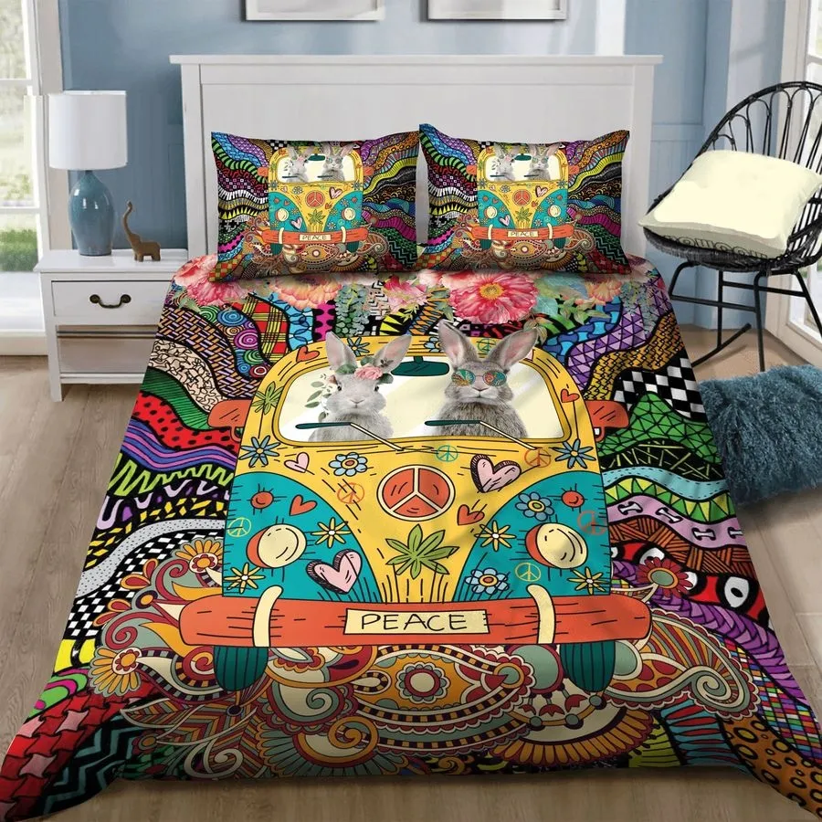 3D Rabbit Hippie On Peace Van Cotton Bed Sheets Spread Comforter Duvet Cover Bedding Sets
