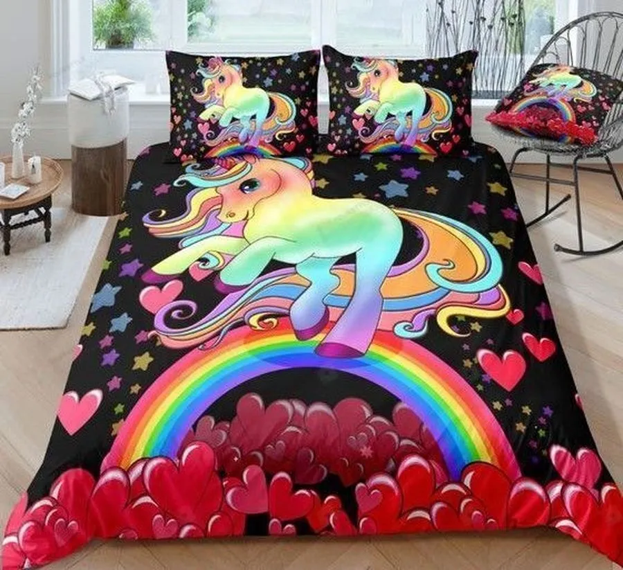 3D Red Heart Unicorn Rainbow Cotton Bed Sheets Spread Comforter Duvet Cover Bedding Sets
