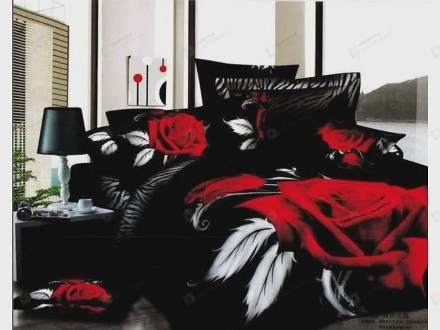 3D Red Rose Printed Cotton Bed Sheets Spread Comforter Duvet Cover Bedding Sets