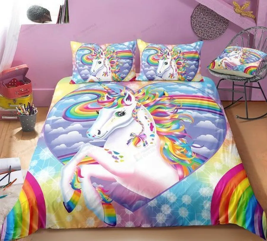 3D Unicorn On The Rainbow Heart Cotton Bed Sheets Spread Comforter Duvet Cover Bedding Sets