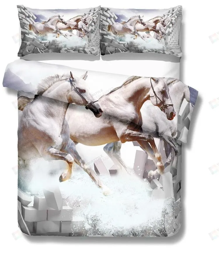 3D White Horses Bed Sheets Duvet Cover Bedding Set