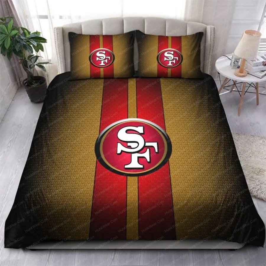 49Ers Signature Logo In Brown With Red Stripes Background Bedding Set