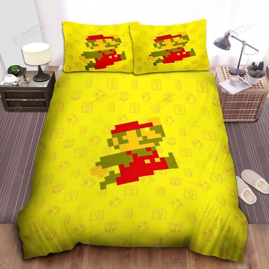 8 Bit Mario On Yellow Super Mario Theme Bed Sheets Spread Comforter Duvet Cover Bedding Sets