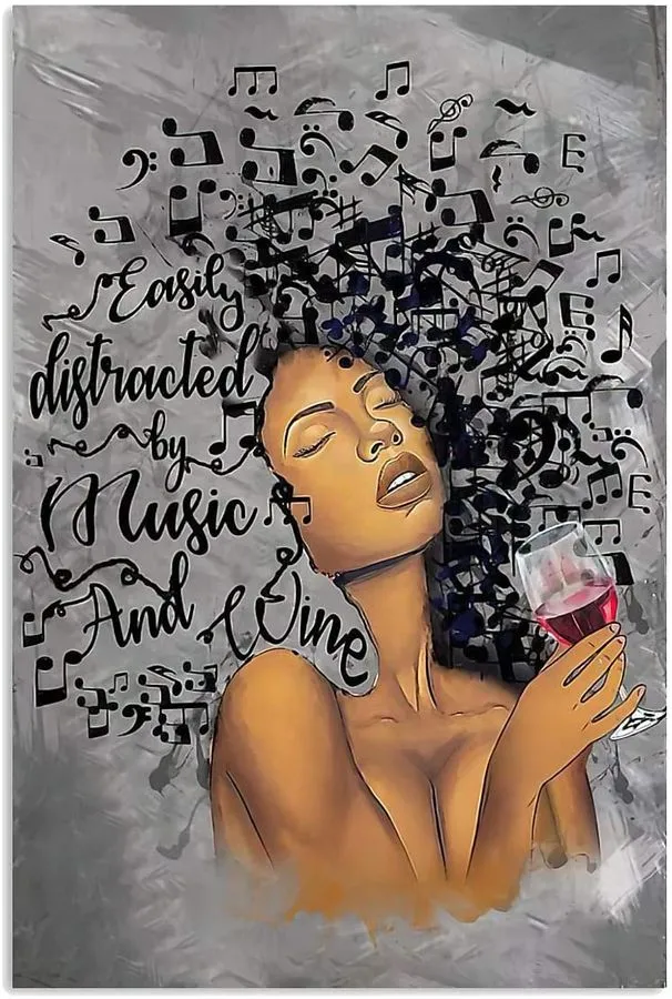 Afro Girl With Wine And Music Poster Easily Distracted By Music And Wine Black Woman Poster No Frame, African American Poster, Black Queen Art, Gift For Daughter, For Her Wall Art, House Decor