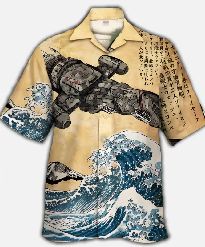 Eye Catching Ukiyo E Air Station With Ocean Waves Personalized Printing Cuban Collar Hawaiian Short Sleeve Shirt