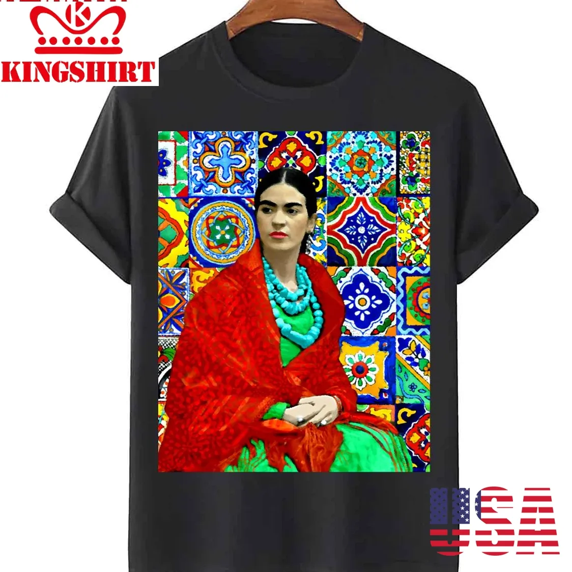 Frida Kahlo Portrait With Mexican Tiles Unisex T Shirt