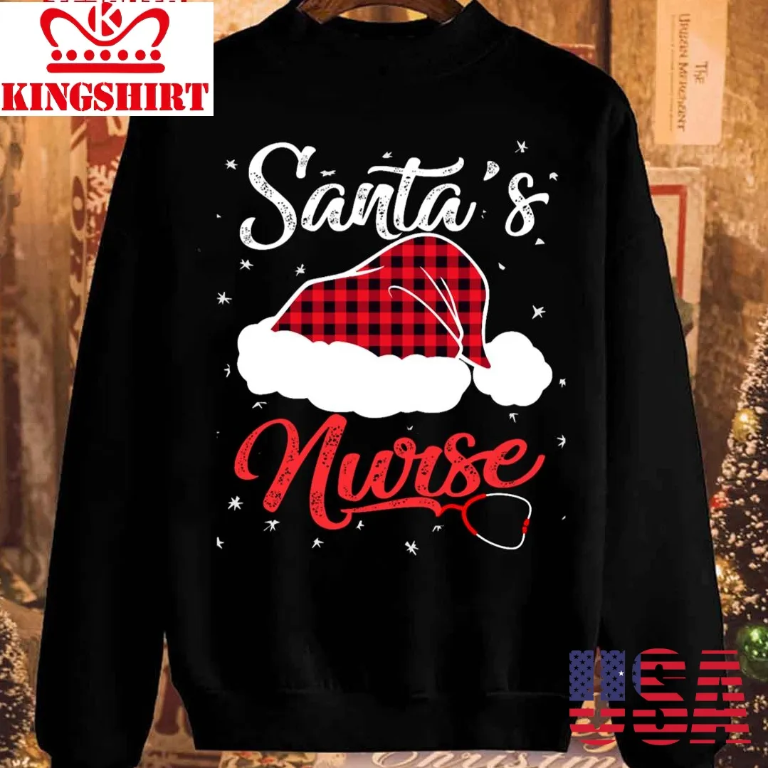 Santa's Favorite Nurse Christmas Hat Red Plaid Sweatshirt