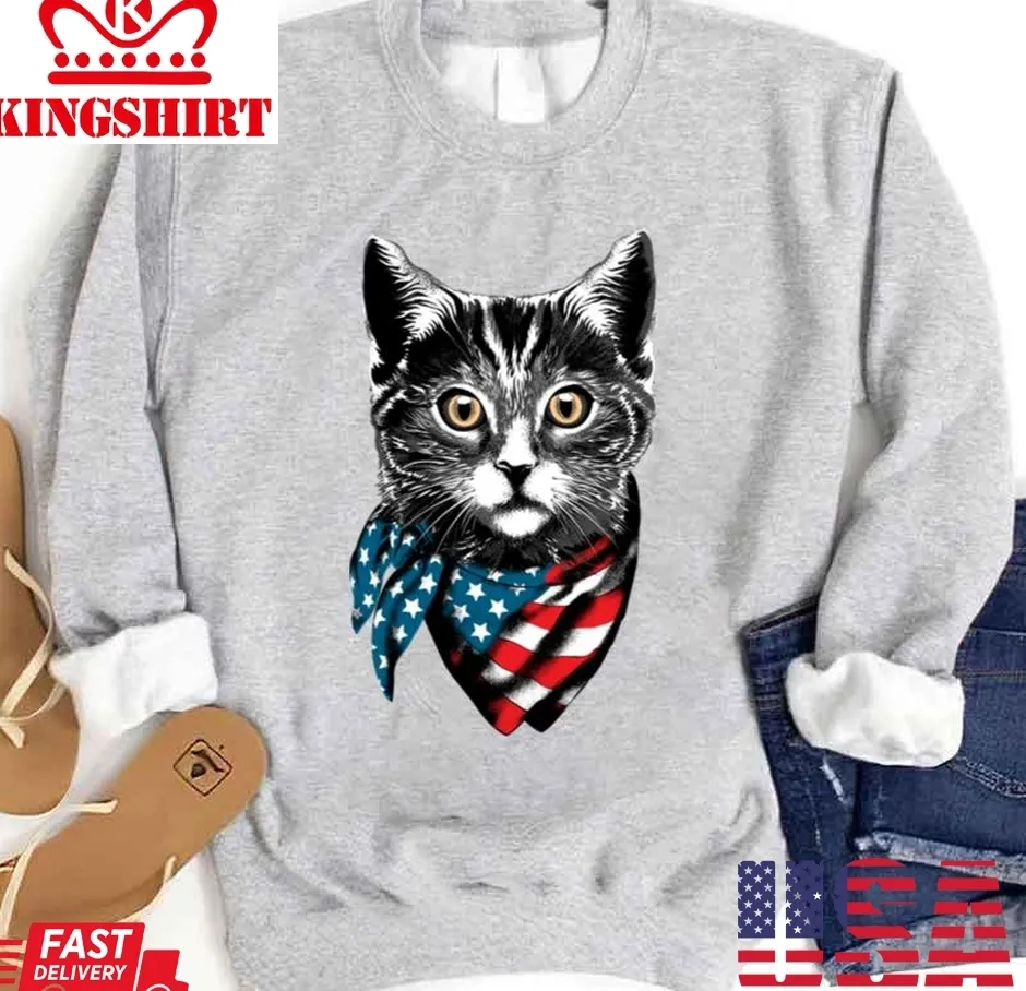 American Cat Wearing Usa Flag Scarf Unisex Sweatshirt