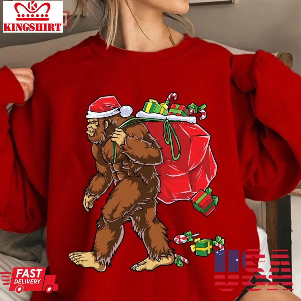 Official Bigfoot Santa Christmas Hat Carrying Christmas Sasquatch Unisex Sweatshirt TShirt