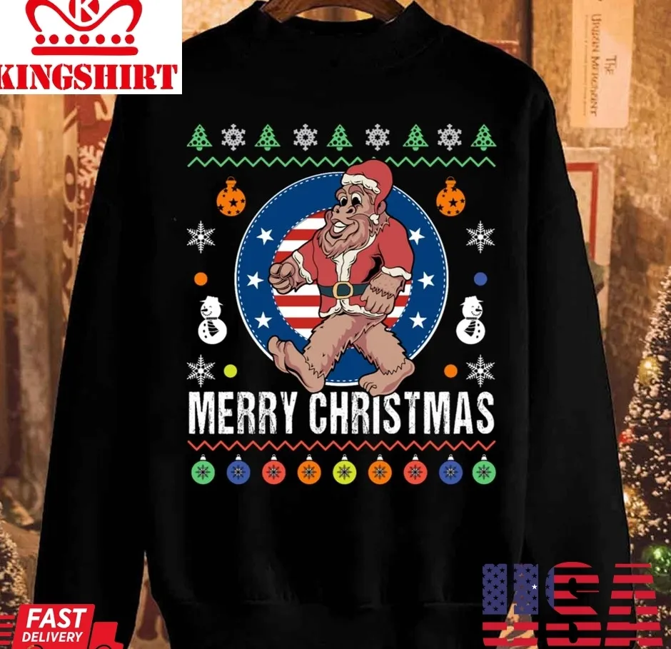 Bigfoot Santa Claus Patriotic Us Flag Christmas Unisex Sweatshirt Unisex Tshirt